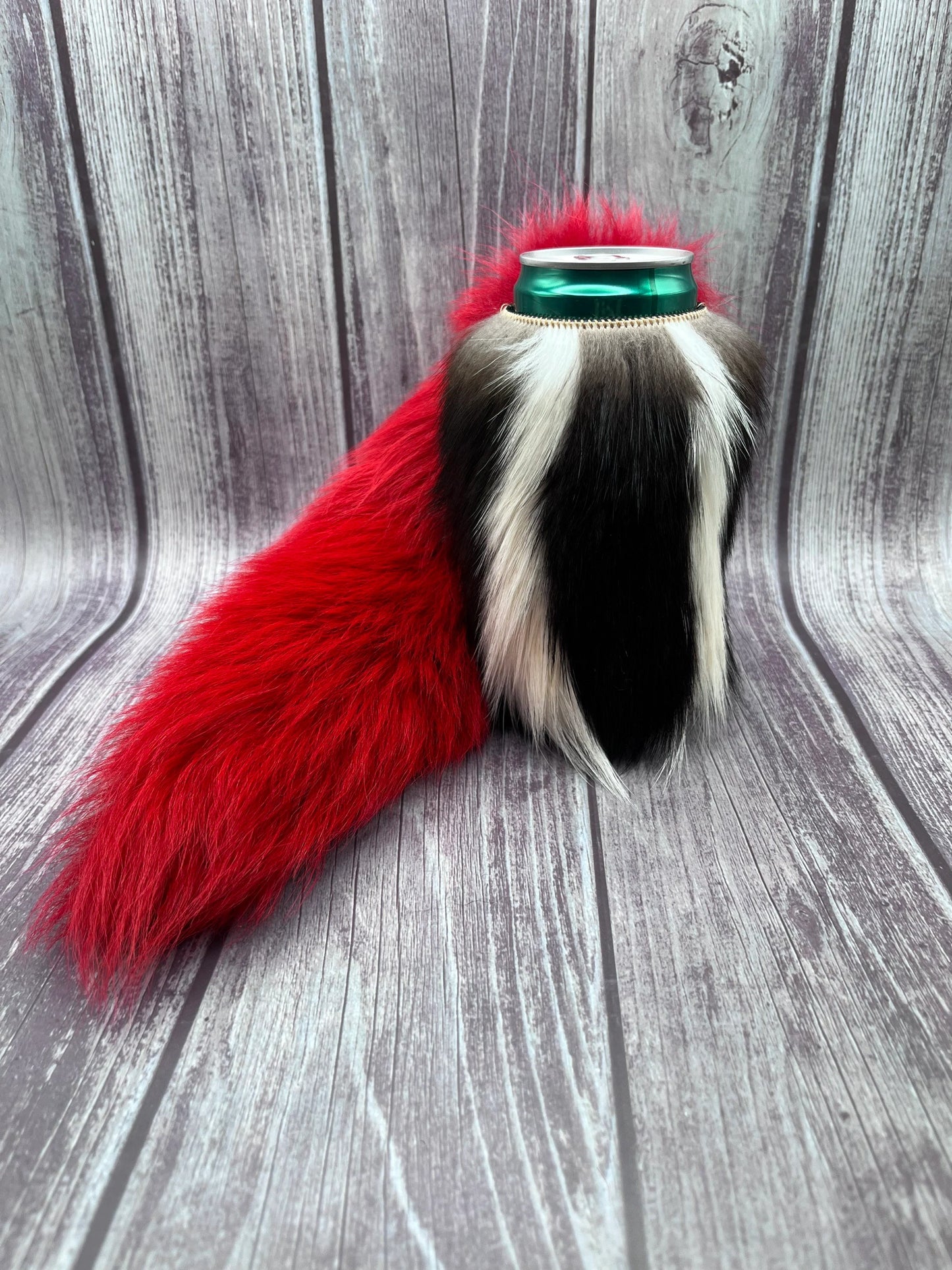 Skunk fur can cooler with Fox tail