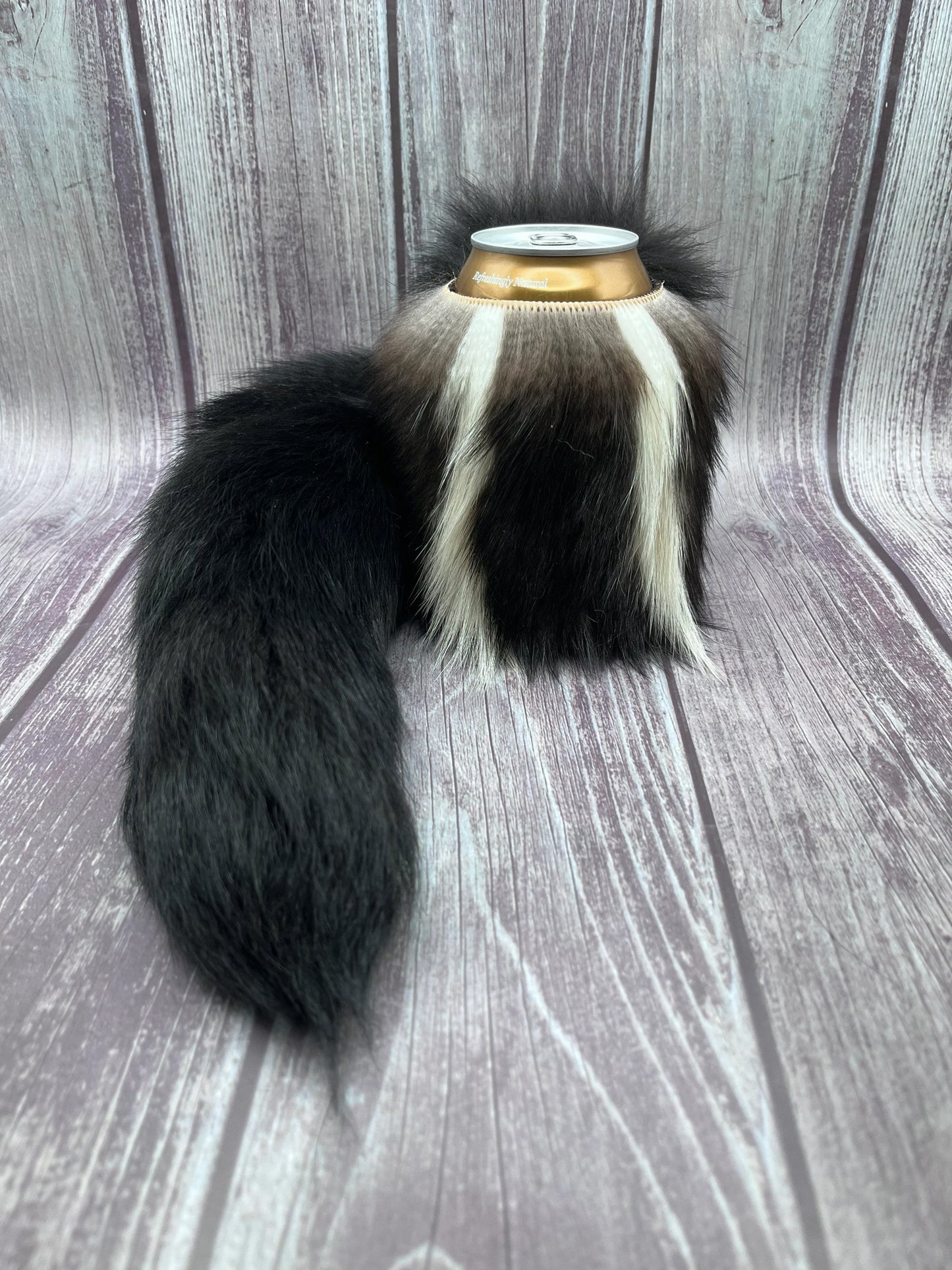 Skunk fur can cooler with Fox tail
