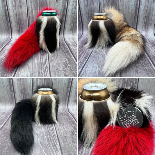 Skunk fur can cooler with Fox tail