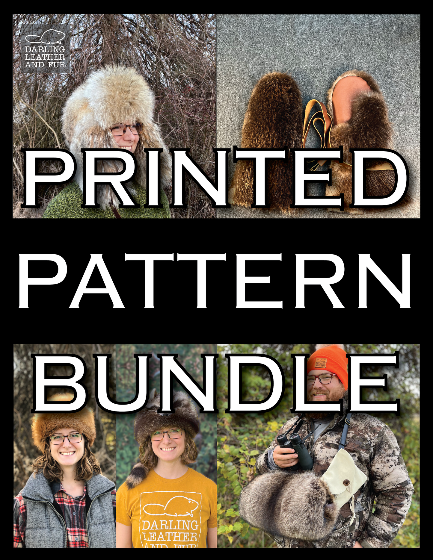 BACKORDER PRINTED PATTERN Bundle: Bomber Hat, Hunting Muff, Mittens, Pillbox & Davey Crockett