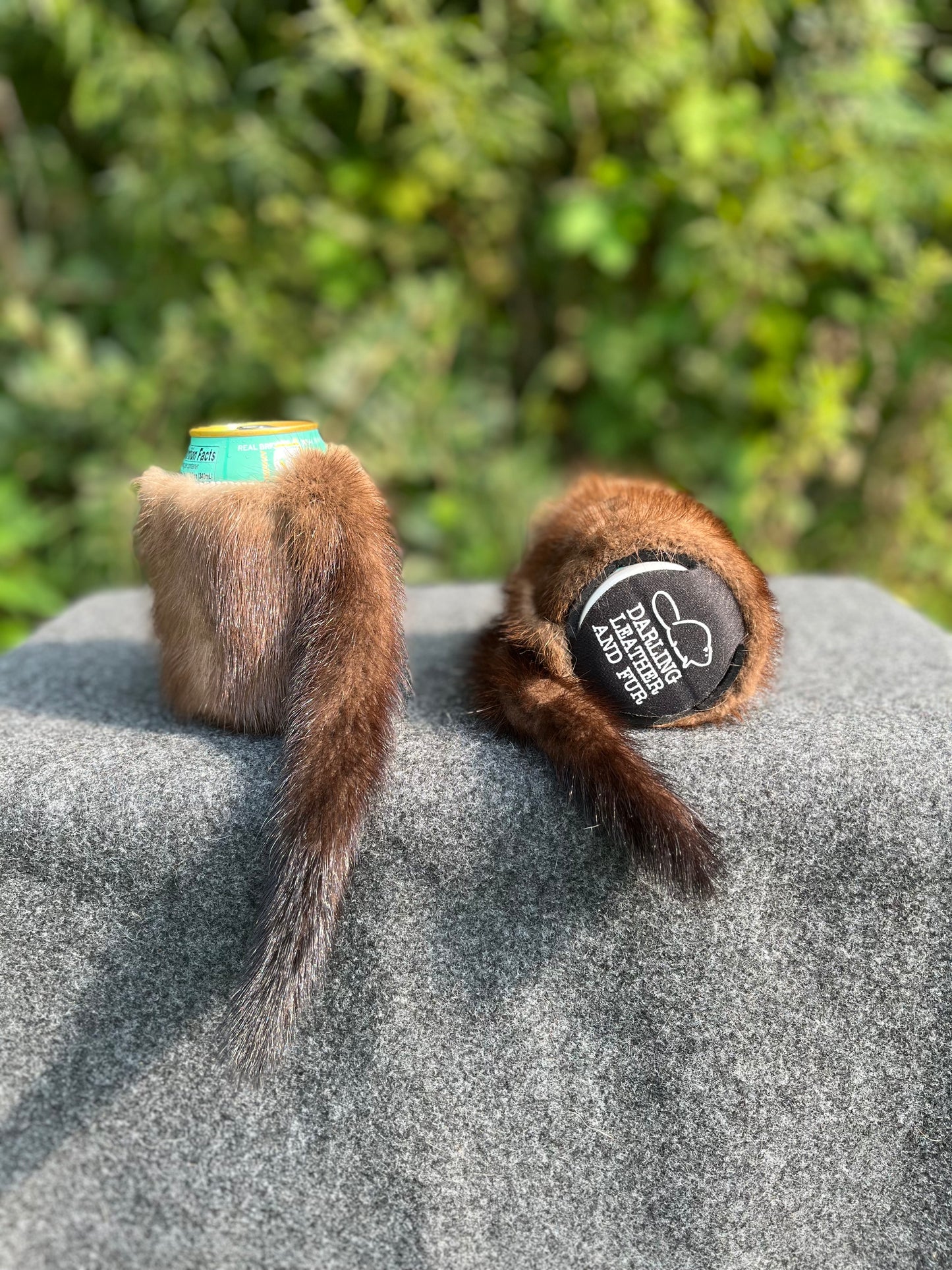 Mink fur Can Cooler with tail
